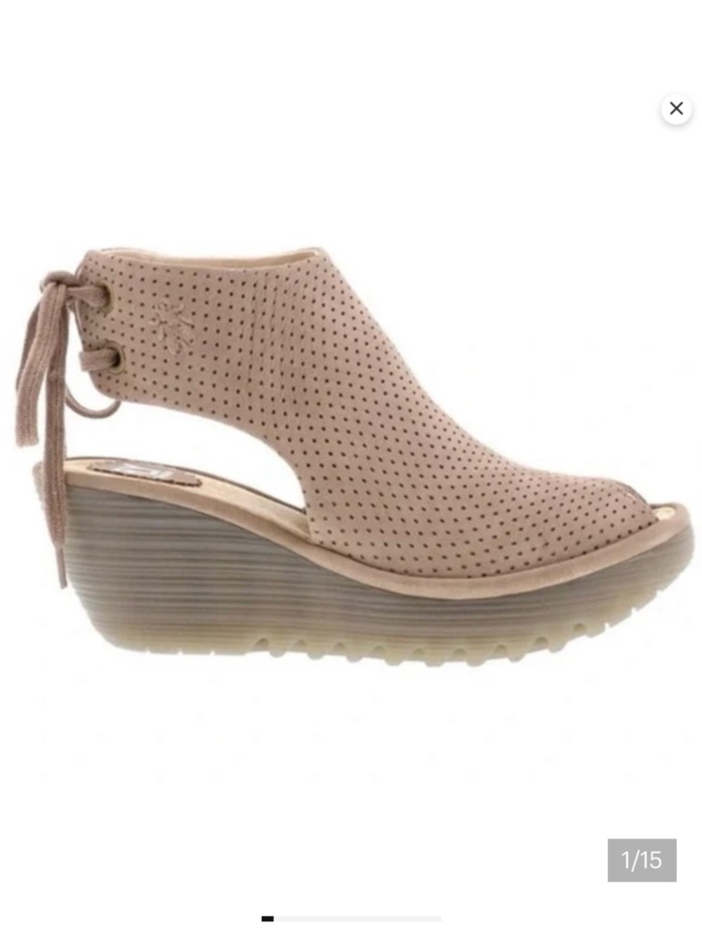 Fly London Women's Yuzu Taupe Perforated Wedge Sandal with Back Tie 37